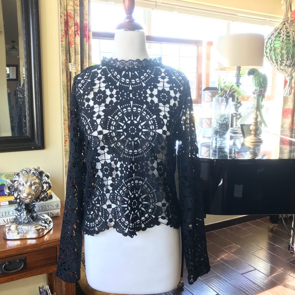 Sz XL Black Lace Long Sleeve Blouse